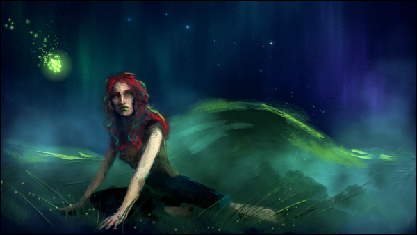 Digital painting of Coral, a red haired girl in front of a grave mound