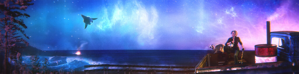An alien spaceship flies over Lake Superior. In the foreground, a woman is drinking in the back of a pickup with a raccoon. 