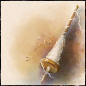 Watercolor and pencil illustration of a drop spindle 