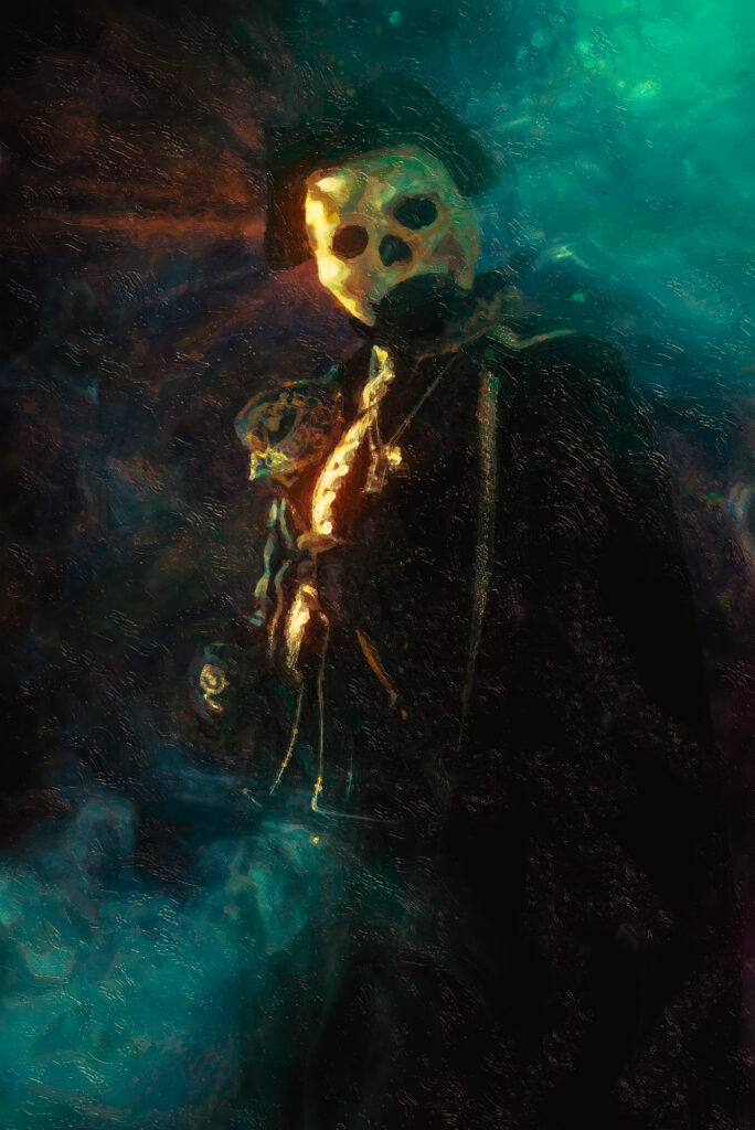 Digital painting of a man in Venetian carnival costume and a skull mask