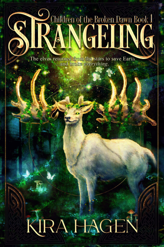 Cover of the novel "Strangeling" by Kira Hagen, showing a white stag in front of a glowing tree. In the background is a foggy post-apocalyptic wasteland.