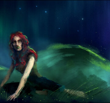 Digital painting of Coral, a red haired girl in front of a grave mound