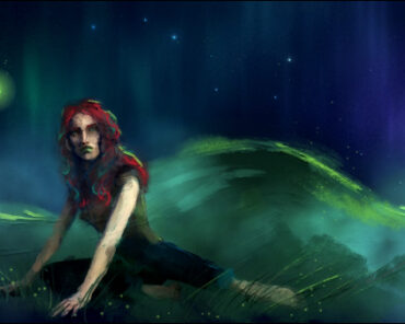 Digital painting of Coral, a red haired girl in front of a grave mound