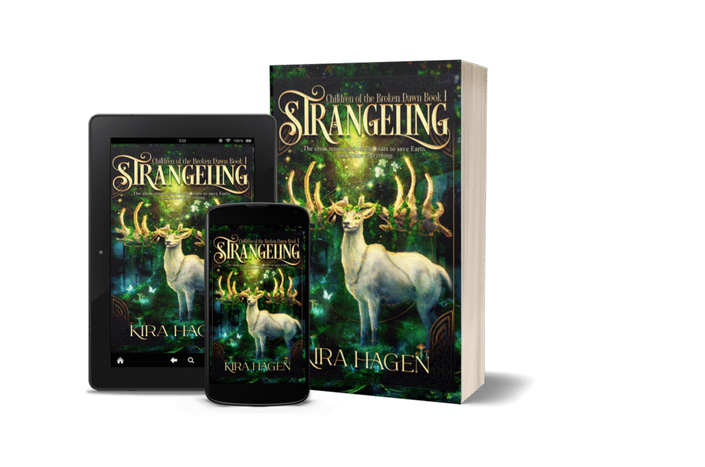 Paperback, tablet, and phone versions of the cover of Strangeling by Kira Hagen