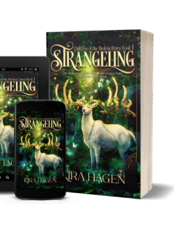 Paperback, tablet, and phone versions of the cover of Strangeling by Kira Hagen