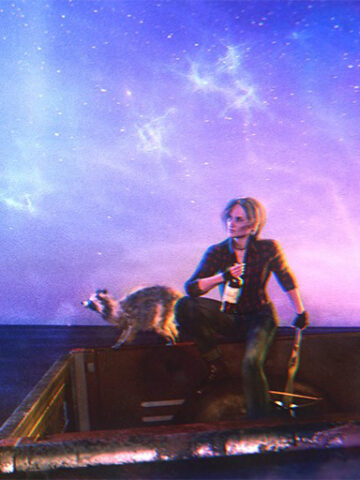 A girl and raccoon drinking in the back of a pickup watch an alien spaceship fly by