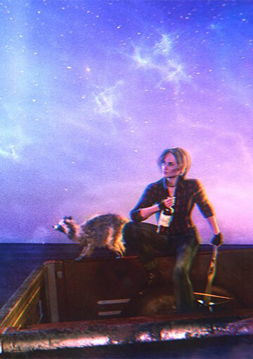 A girl and raccoon drinking in the back of a pickup watch an alien spaceship fly by