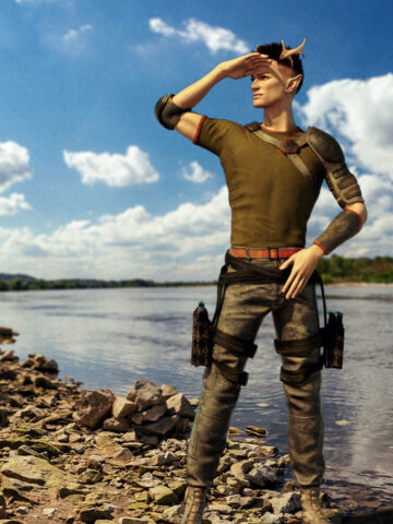 An urban fantasy elven man with antlers standing on a river bank