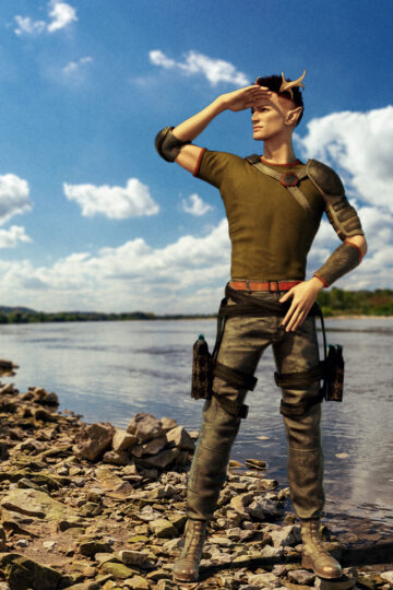 An urban fantasy elven man with antlers standing on a river bank