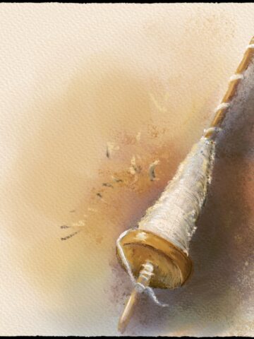 Watercolor and pencil illustration of a drop spindle