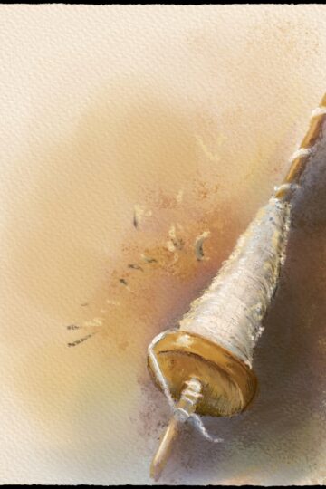 Watercolor and pencil illustration of a drop spindle