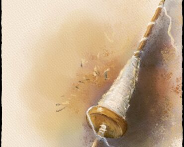 Watercolor and pencil illustration of a drop spindle