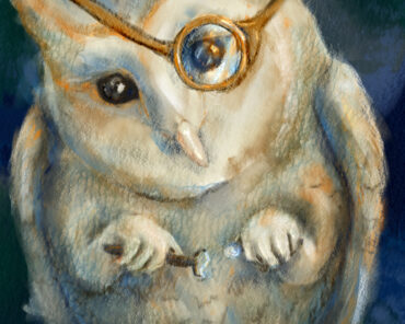 Drawing of an owlie, a steampunk owl alien